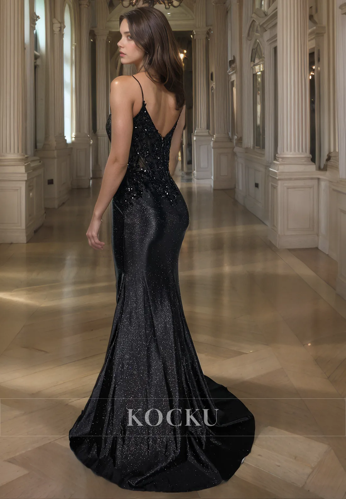 Elegant & Luxurious Spaghetti Straps V-Neck Mermaid Sequined Evening Party Prom Dress