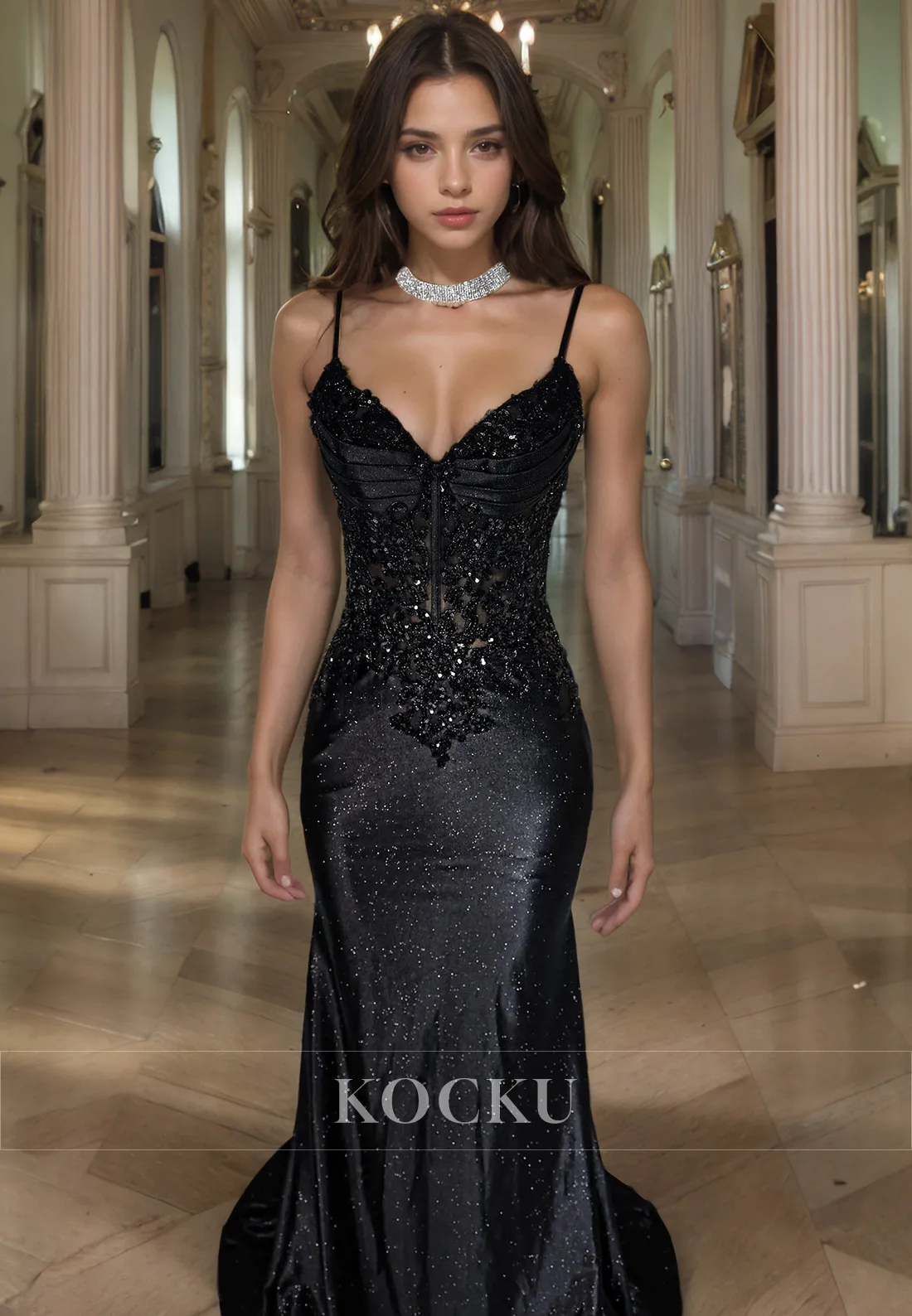 Elegant & Luxurious Spaghetti Straps V-Neck Mermaid Sequined Evening Party Prom Dress