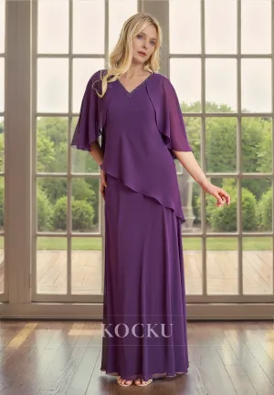 Elegant & Simple V-Neck Short sleeves Chiffon Cocktail Mother of the Bride Dress