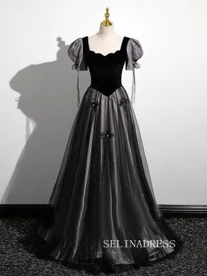 Elegant Black Ball Gown Princess Dresses Puff sleeve Evening Gowns TKL2509