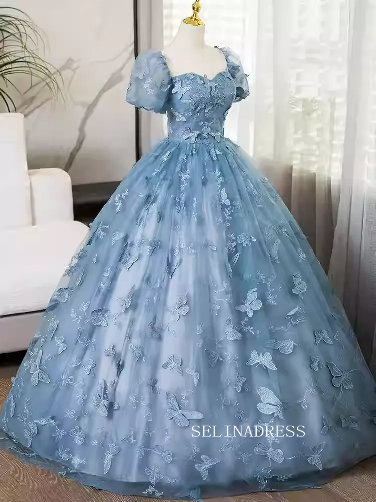 Elegant Blue Butterfly Long Prom Dress With Short Sleeve Cheap Evening Gowns TKL3026