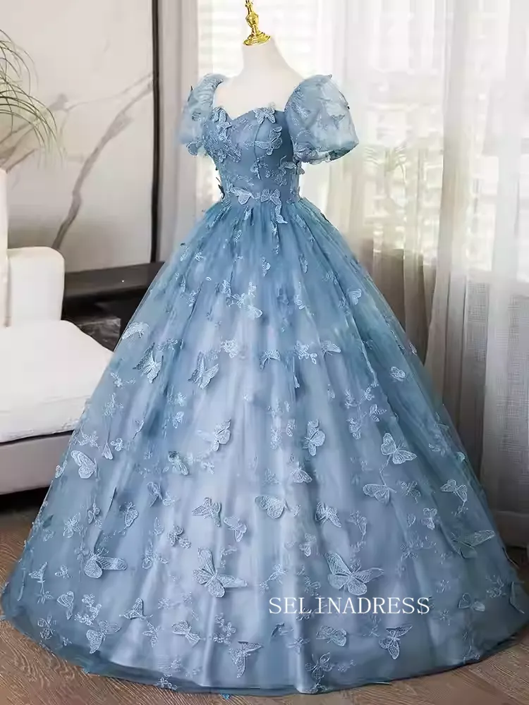 Elegant Blue Butterfly Long Prom Dress With Short Sleeve Cheap Evening Gowns TKL3026