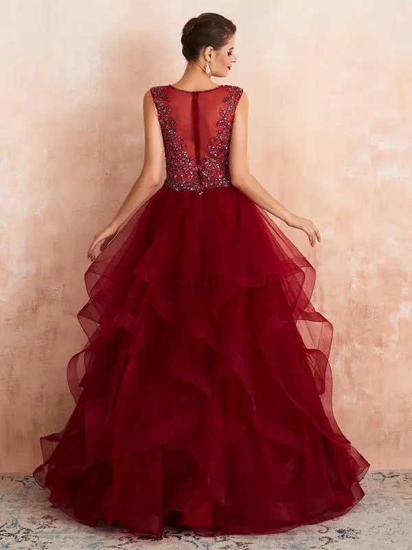 Elegant Dark Red A Line Organza Beaded Long Evening Prom Dresses, XDM1185