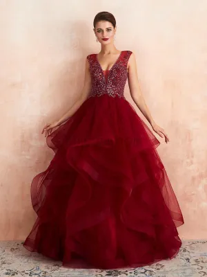 Elegant Dark Red A Line Organza Beaded Long Evening Prom Dresses, XDM1185