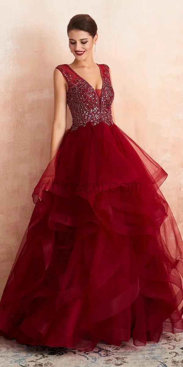 Elegant Dark Red A Line Organza Beaded Long Evening Prom Dresses, XDM1185