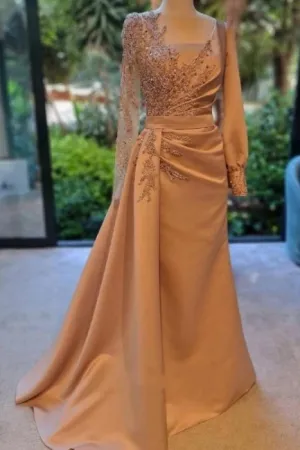 Elegant Long Sleeves Prom Dress Floral Evening Party Dress with Side Sweep Train