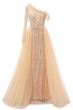 Elegant One Shoulder Beige Prom Dresses Sheer Beading Lace Formal Dresses