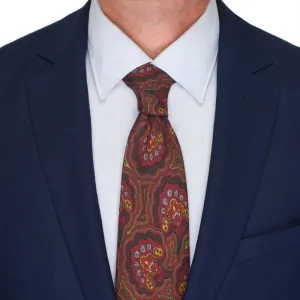 Floral Paisley Burgundy and Green Silk Wool Tie