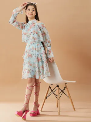 Girls Floral Printed Layered A-Line Dress