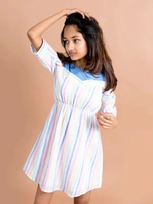 Girls Multi Striped Cotton Fit Flare Dress