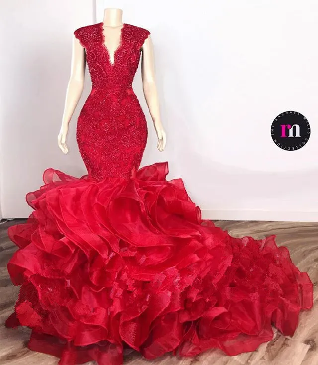 Gorgeous Beads Appliques Red Prom Dresses Ruffles Fit and Flare Alluring Evening Gowns