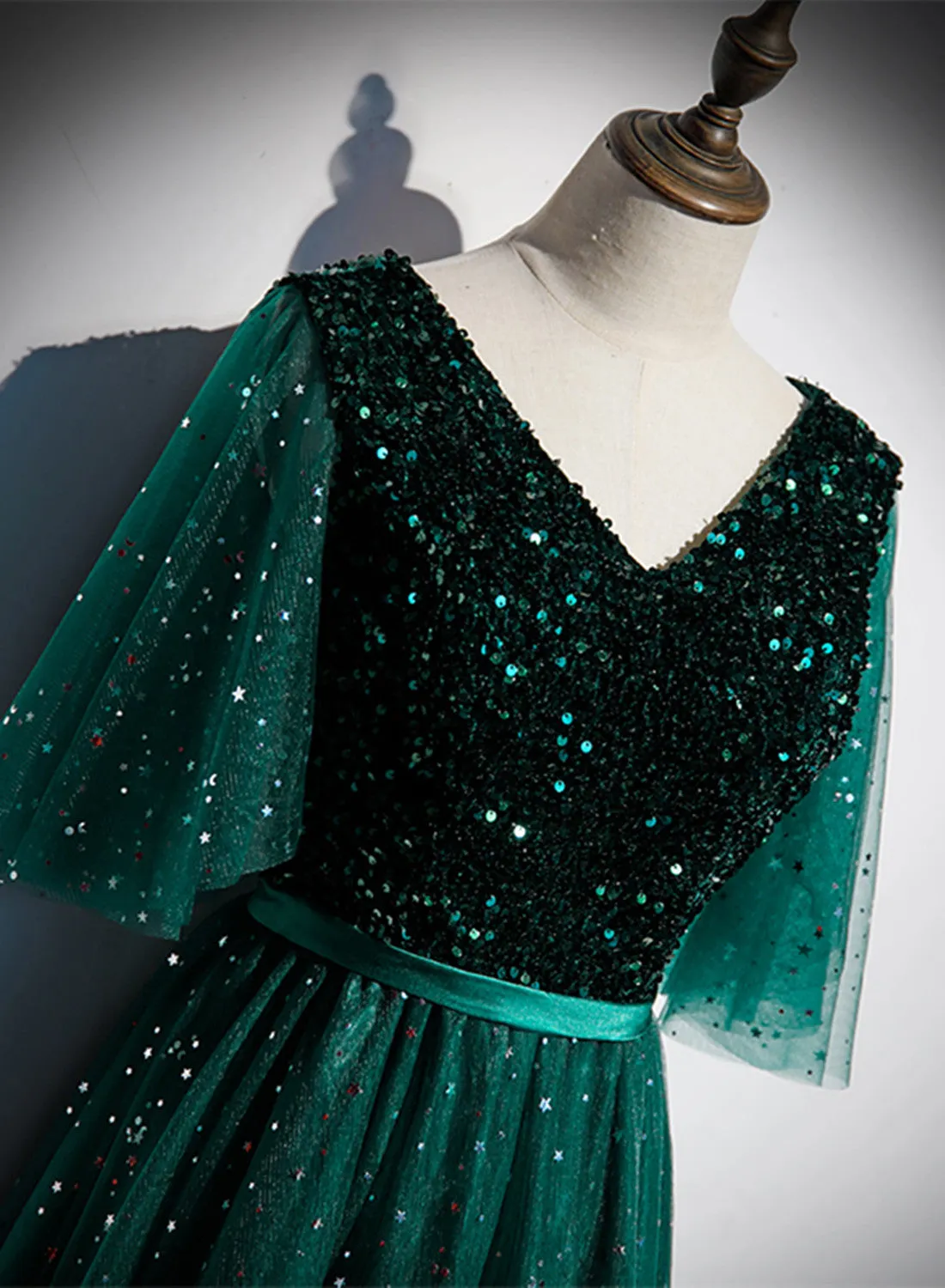 Green V-neckline Shiny Tulle Long Wedding Party Dresses, Green Formal Dresses