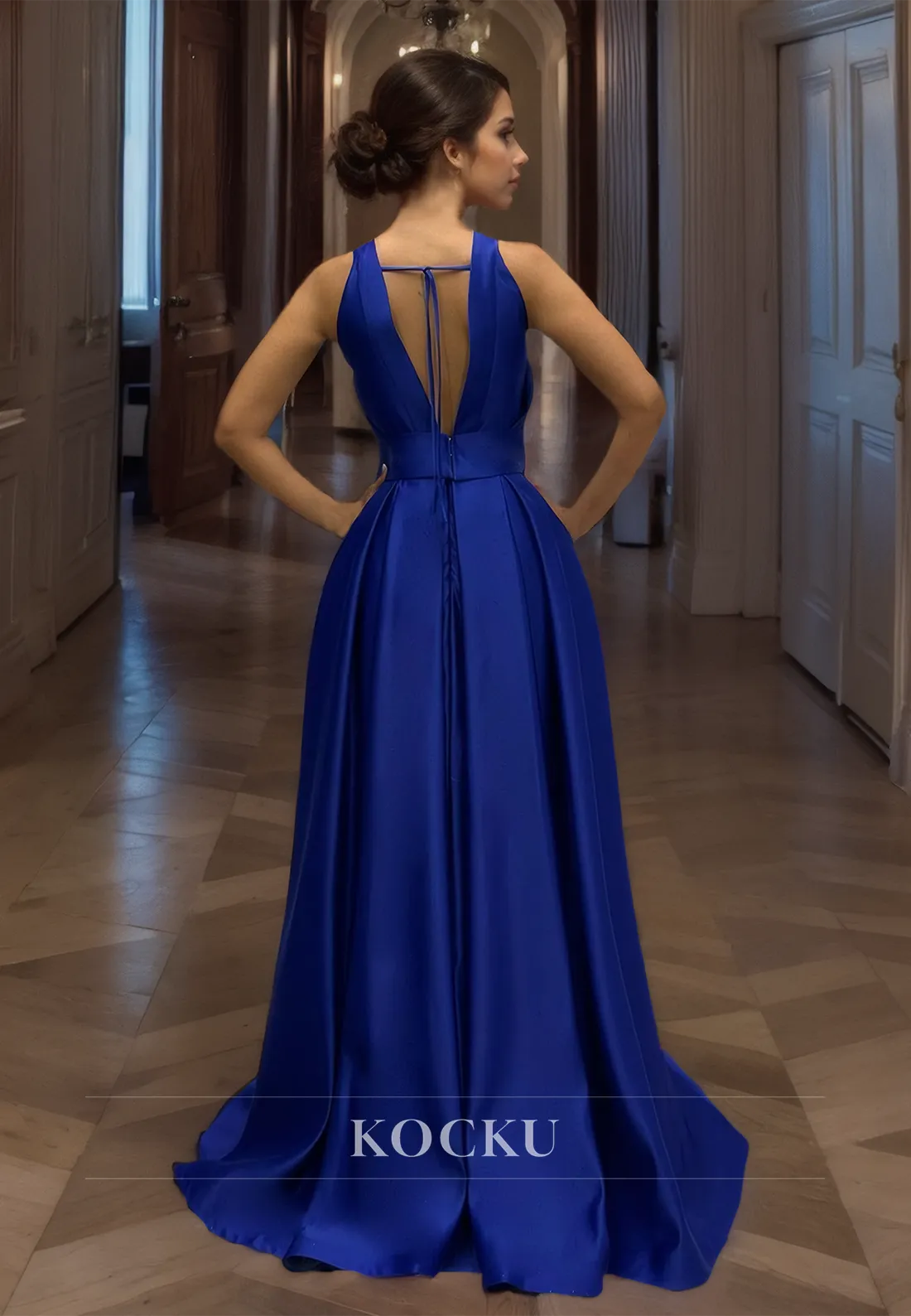 Halter Neck A-Line Sleeveless Floor-Length Ruched Satin Prom Dress with Cut Outs Evening Party Dress