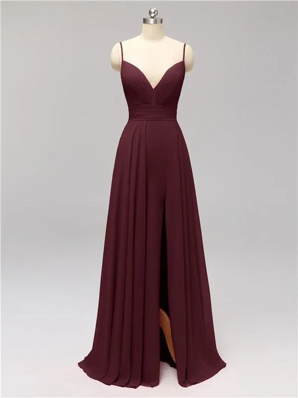 Honest Chiffon Spaghetti Straps Slit Long Bridesmaid Dresses