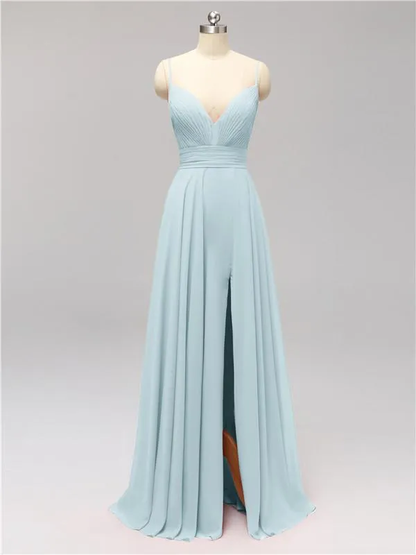 Honest Chiffon Spaghetti Straps Slit Long Bridesmaid Dresses