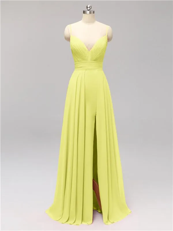 Honest Chiffon Spaghetti Straps Slit Long Bridesmaid Dresses