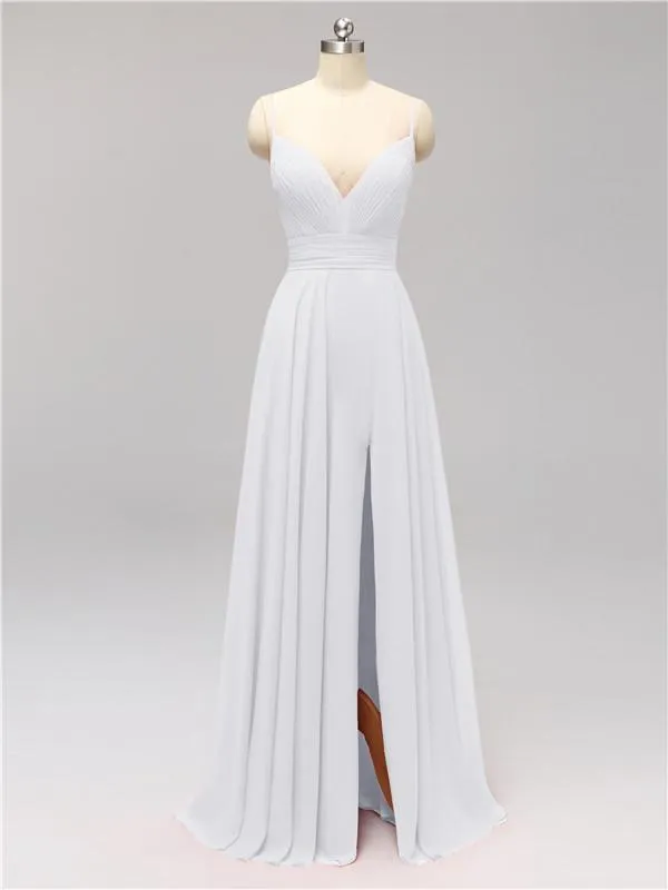 Honest Chiffon Spaghetti Straps Slit Long Bridesmaid Dresses