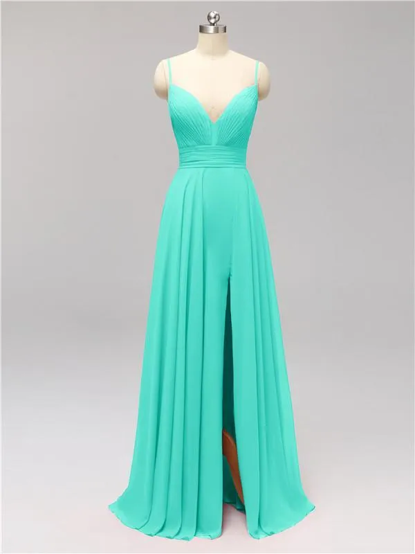 Honest Chiffon Spaghetti Straps Slit Long Bridesmaid Dresses