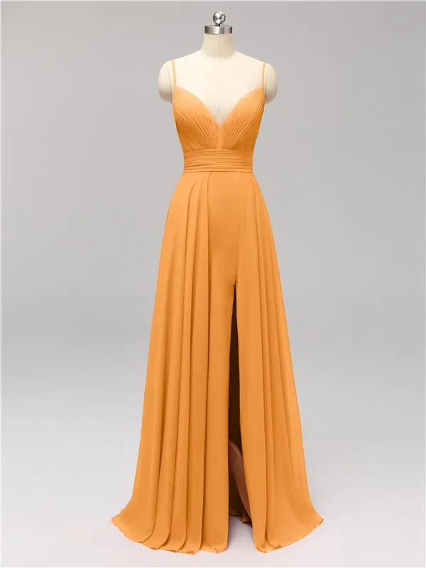 Honest Chiffon Spaghetti Straps Slit Long Bridesmaid Dresses