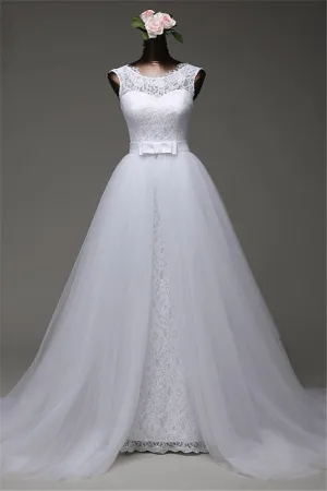 Jewel Sleeveless Lace Long Wedding Dress With Tulle Overskirt