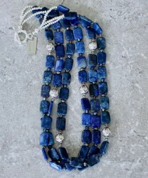 Lapis Lazuli Rectangles 3-Strand Necklace with Czech Glass and Sterling Silver Beads & Toggle Clasp