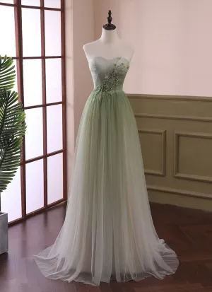 Light Green Gradient Tulle Long Formal Dress, Green Beaded Sweetheart Prom Dresses