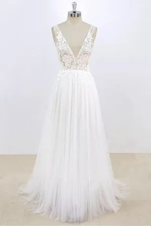 Long A-line V-neck Lace Tulle Open Back Wedding Dress