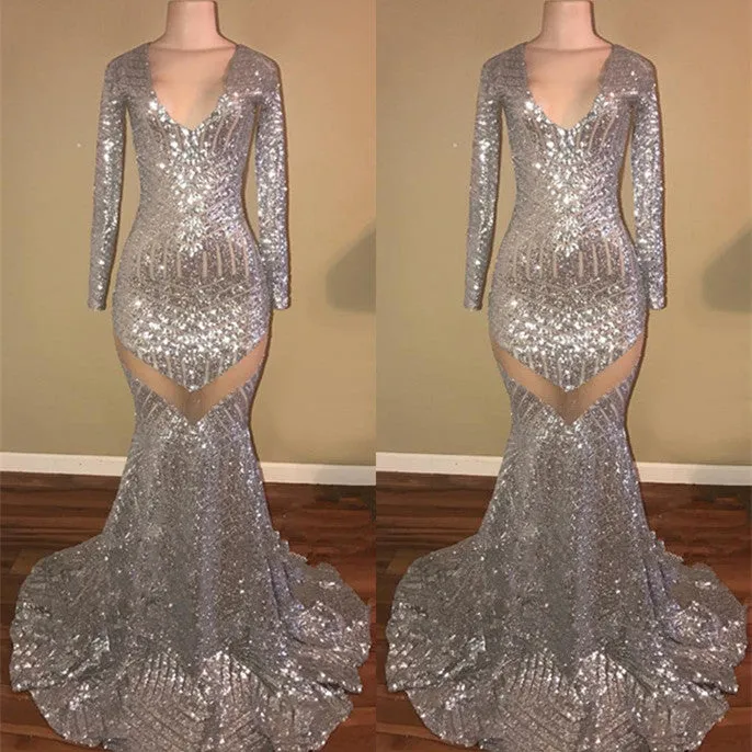 Long Sleeves Sequins Prom Party Gowns| Mermaid V-Neck Evening Gowns