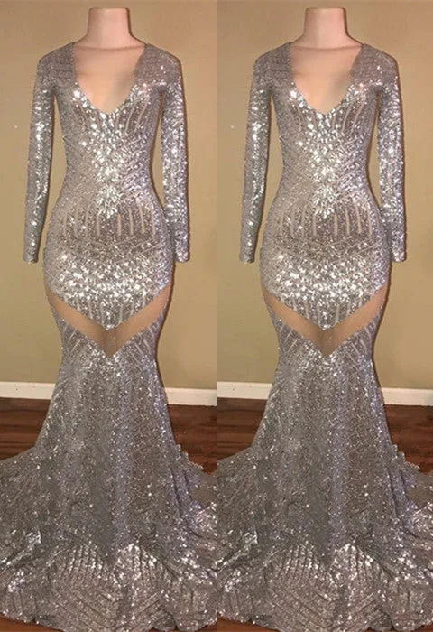 Long Sleeves Sequins Prom Party Gowns| Mermaid V-Neck Evening Gowns