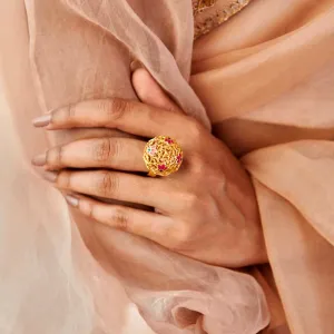 Lotus Globe Statement Ring in Pink Enamel