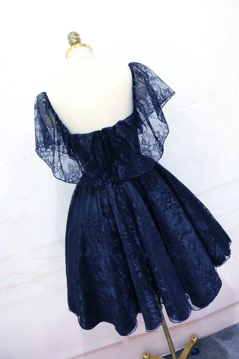 Lovely Navy Blue Lace Short Off Shoulder Prom Dress, Navy Blue Lace Homecoming Dresses