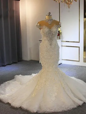 Luxury Long Mermaid Full Beading Lace Tulle Wedding Dresses