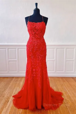 Mermaid Backless Red Lace Long Prom Dresses Mermaid Red Formal Dresses Red Lace Evening Dresses