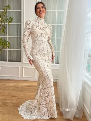 Mermaid High Neck Long Sleeve Wedding Dress Flower Lace Bridal Gowns JKL3121