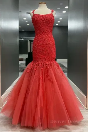 Mermaid Red Tulle Lace Long Prom Dresses Mermaid Red Formal Dresses Red Lace Evening Dresses