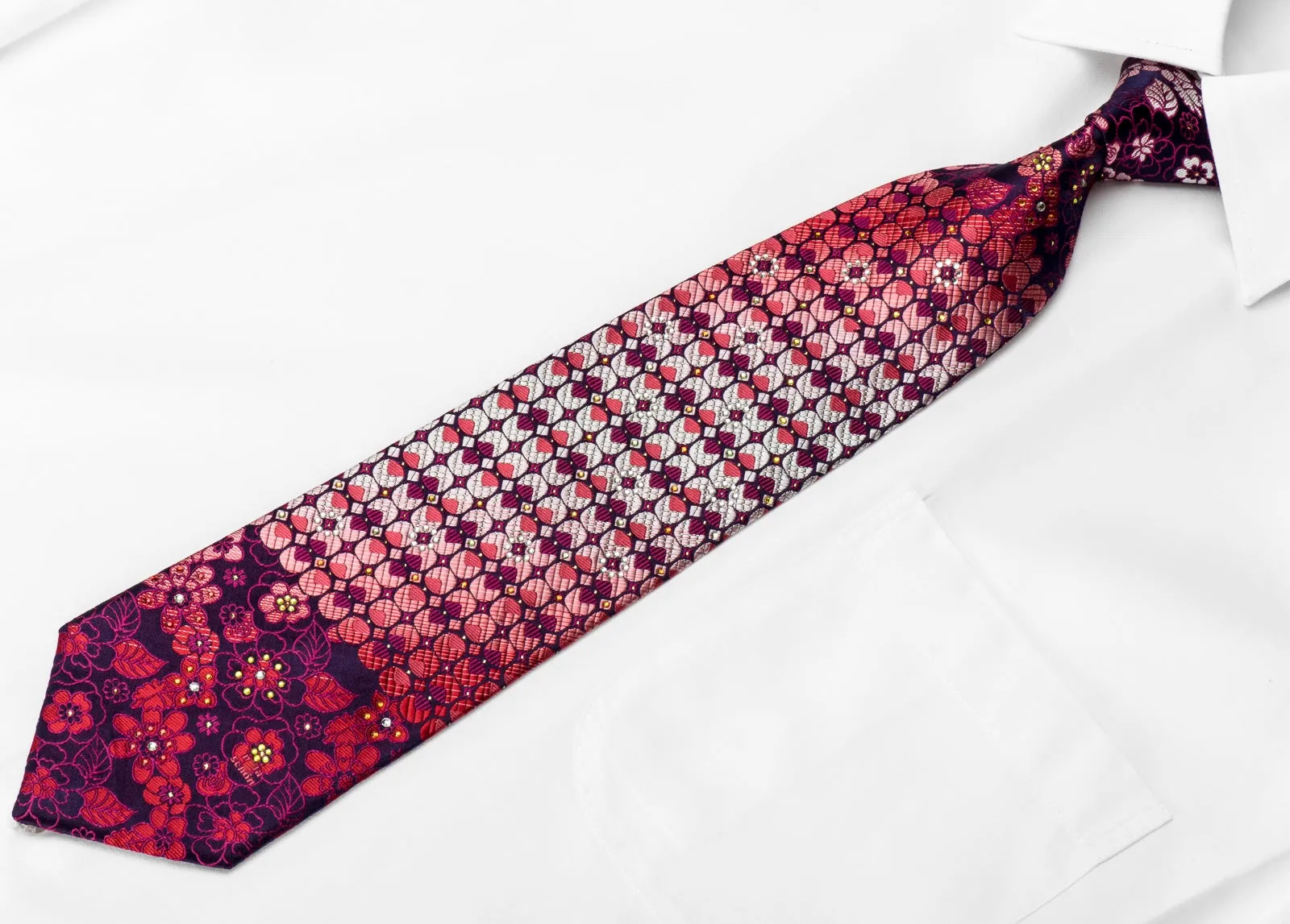 Mila Schon Men's Crystal Rhinestone Necktie Red Floral & Geometric On Purple With Silver Sparkles