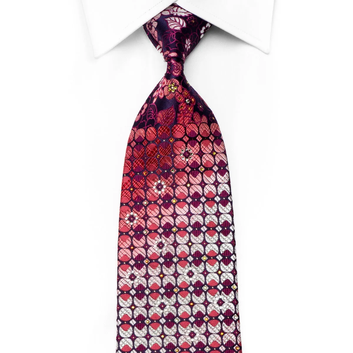 Mila Schon Men's Crystal Rhinestone Necktie Red Floral & Geometric On Purple With Silver Sparkles