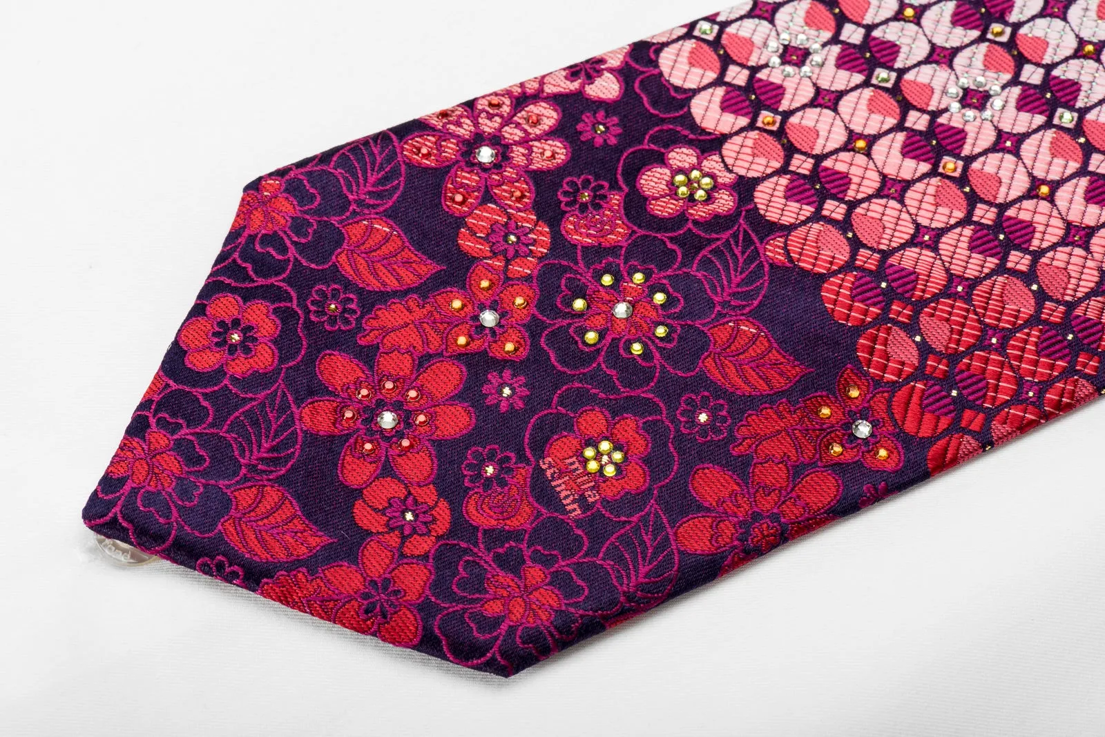 Mila Schon Men's Crystal Rhinestone Necktie Red Floral & Geometric On Purple With Silver Sparkles