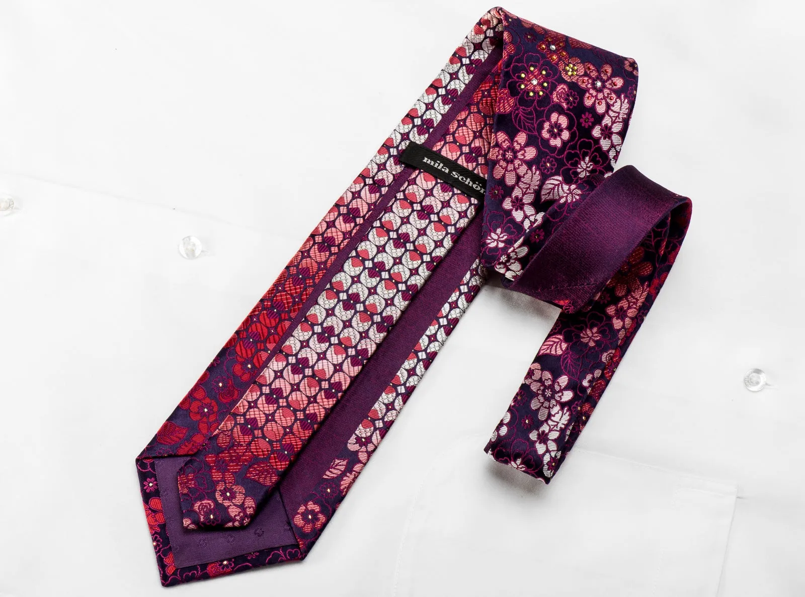 Mila Schon Men's Crystal Rhinestone Necktie Red Floral & Geometric On Purple With Silver Sparkles