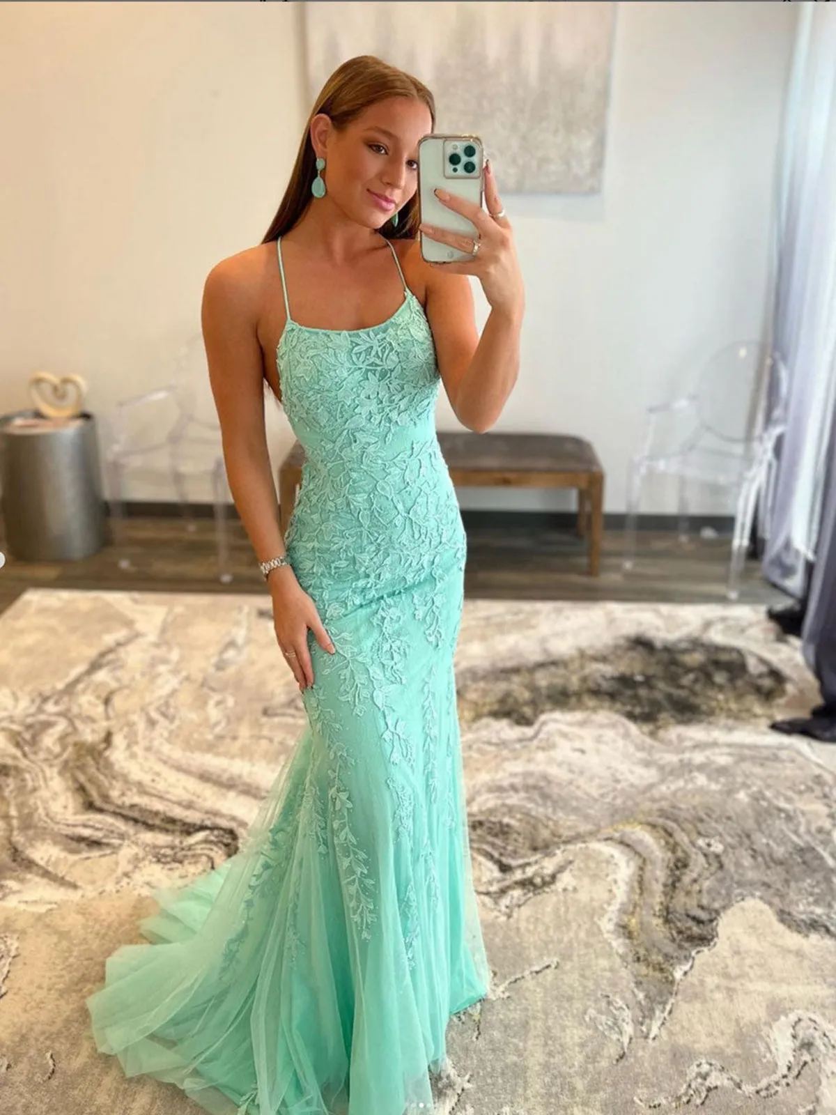 Mint Green Lace Mermaid Backless Long Prom Dresses, Mermaid Mint Green Formal Dresses, Mint Green Lace Evening Dresses