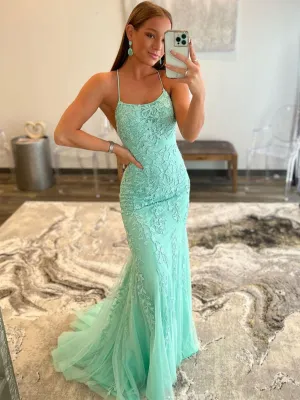 Mint Green Lace Mermaid Backless Long Prom Dresses, Mermaid Mint Green Formal Dresses, Mint Green Lace Evening Dresses