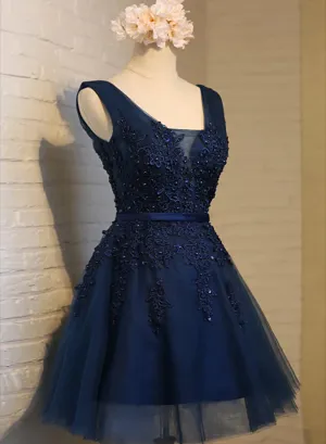 Navy Blue Knee Length Homecoming Dresses V-neckline Short Formal Dresses