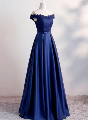 Navy Blue Satin Long Party Dress , Long Bridesmaid Dresses