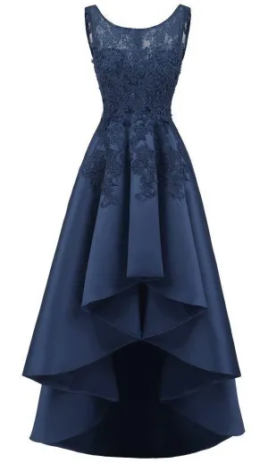 New Arrive Long Formal Prom Dress Navy Blue Lace Beaded Wedding Party Dresses High Low Bridesmaid Gowns Formal