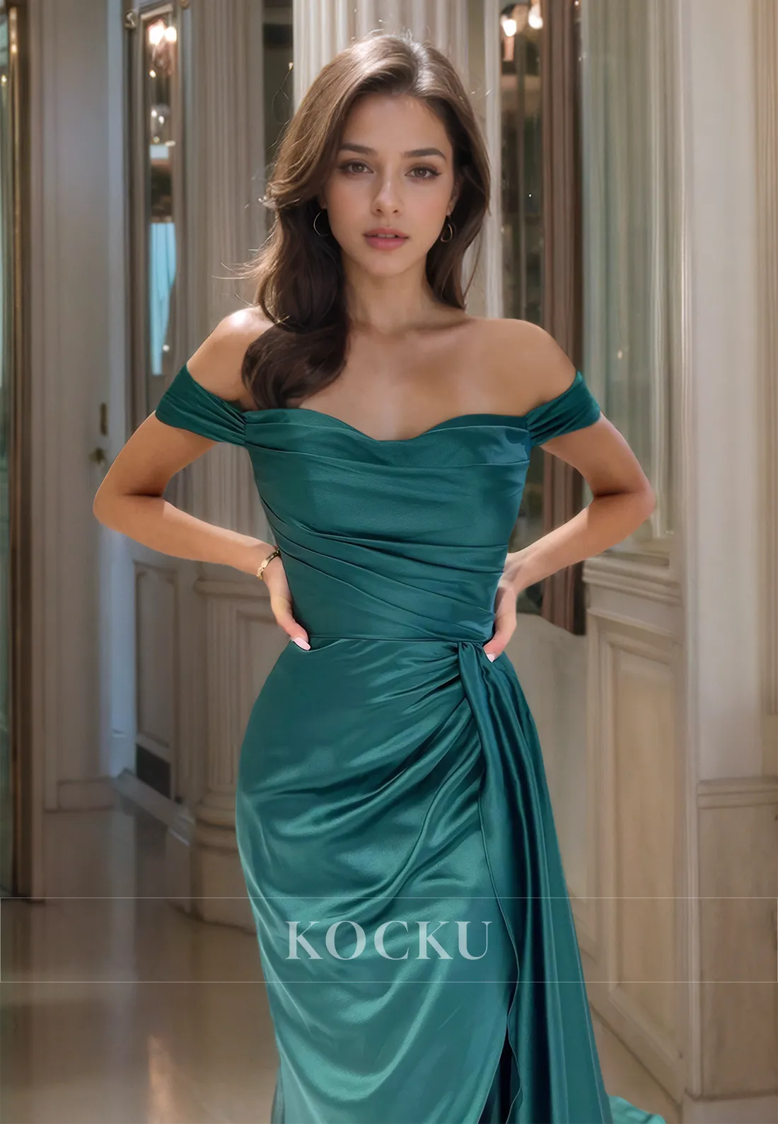 Off-Shoulder Sheath Prom Dress Sleeveless Sweep Train Ruched Satin Formal Gown with Slit