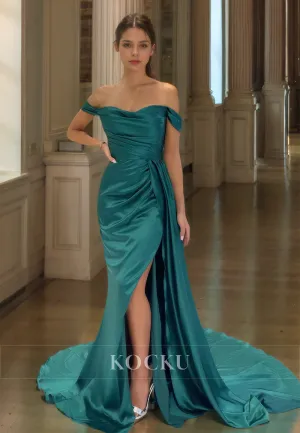 Off-Shoulder Sheath Prom Dress Sleeveless Sweep Train Ruched Satin Formal Gown with Slit