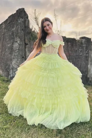 Off the Shoulder Light Yellow Ruffle Layered Prom Dress PSK480