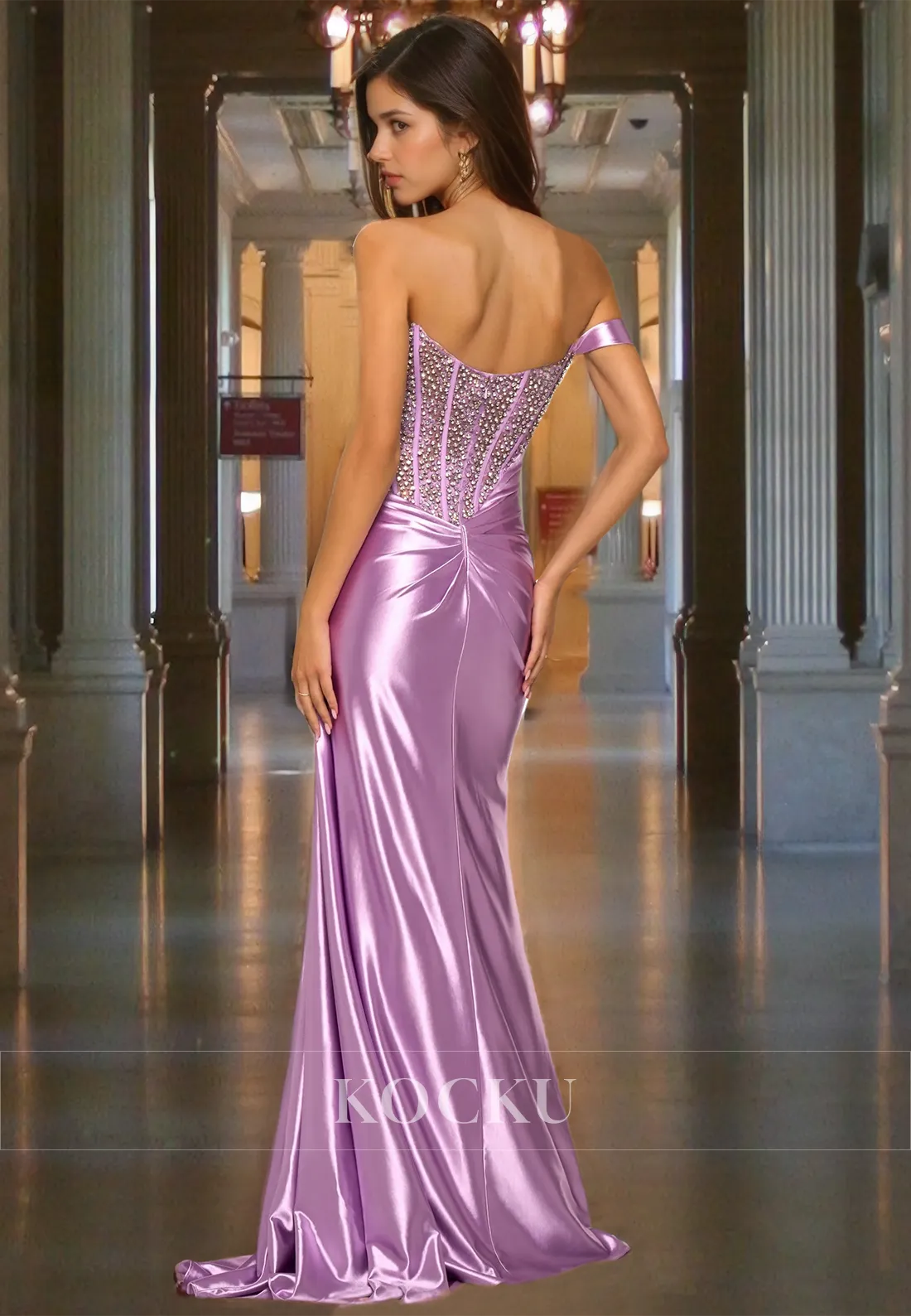 One Shoulder Sheath Sleeveless Train Pleats Satin Prom Dress with Beads Formal Gowns