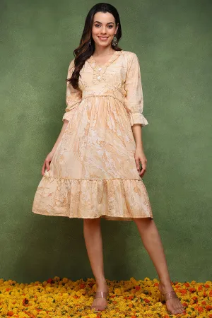 Peach Cotton Abstract Printed Fit And Flare Ethnic Dress