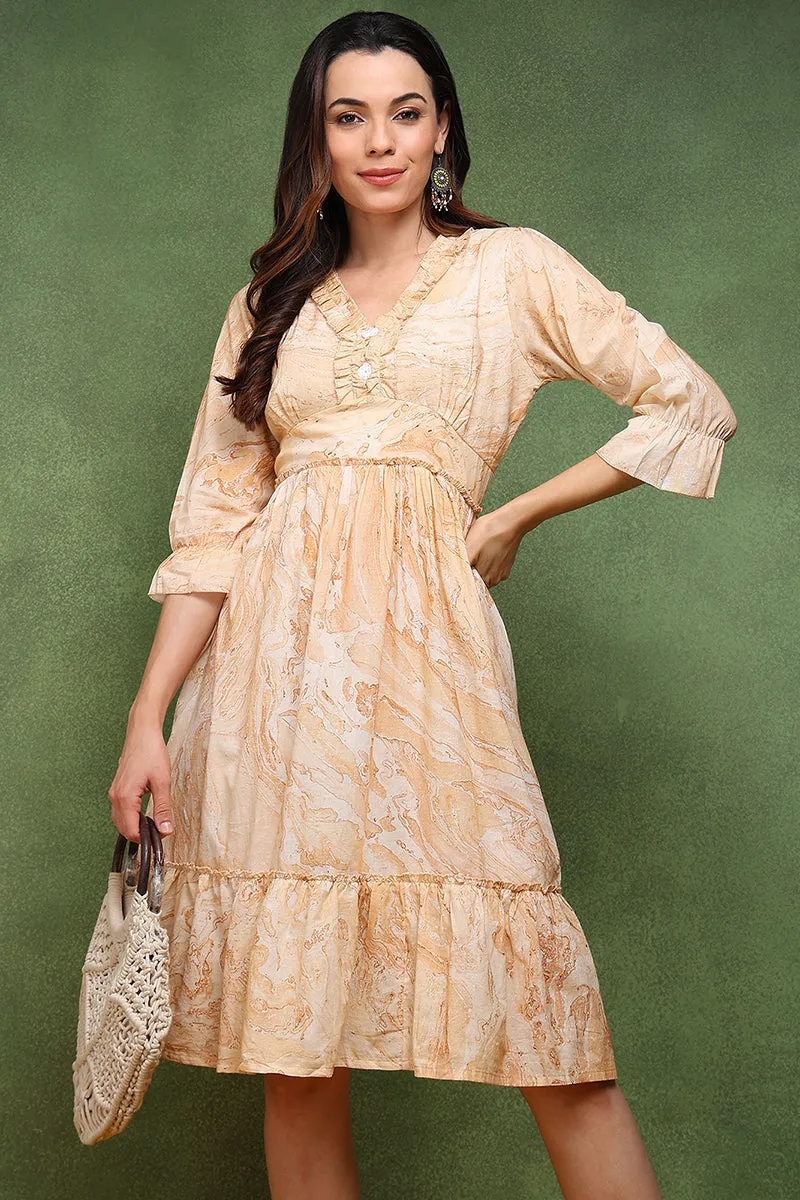 Peach Cotton Abstract Printed Fit And Flare Ethnic Dress